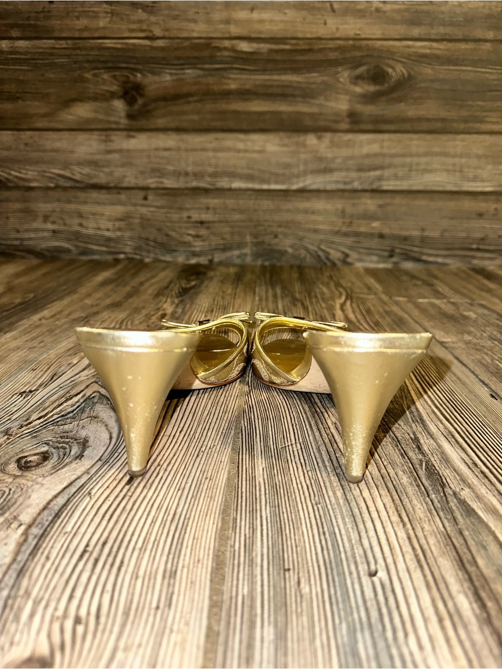Coach Gold Metallic Open-Toe Kitten Heel Mules with Bow Mesh Logo Size 8 Class - Picture 4 of 6
